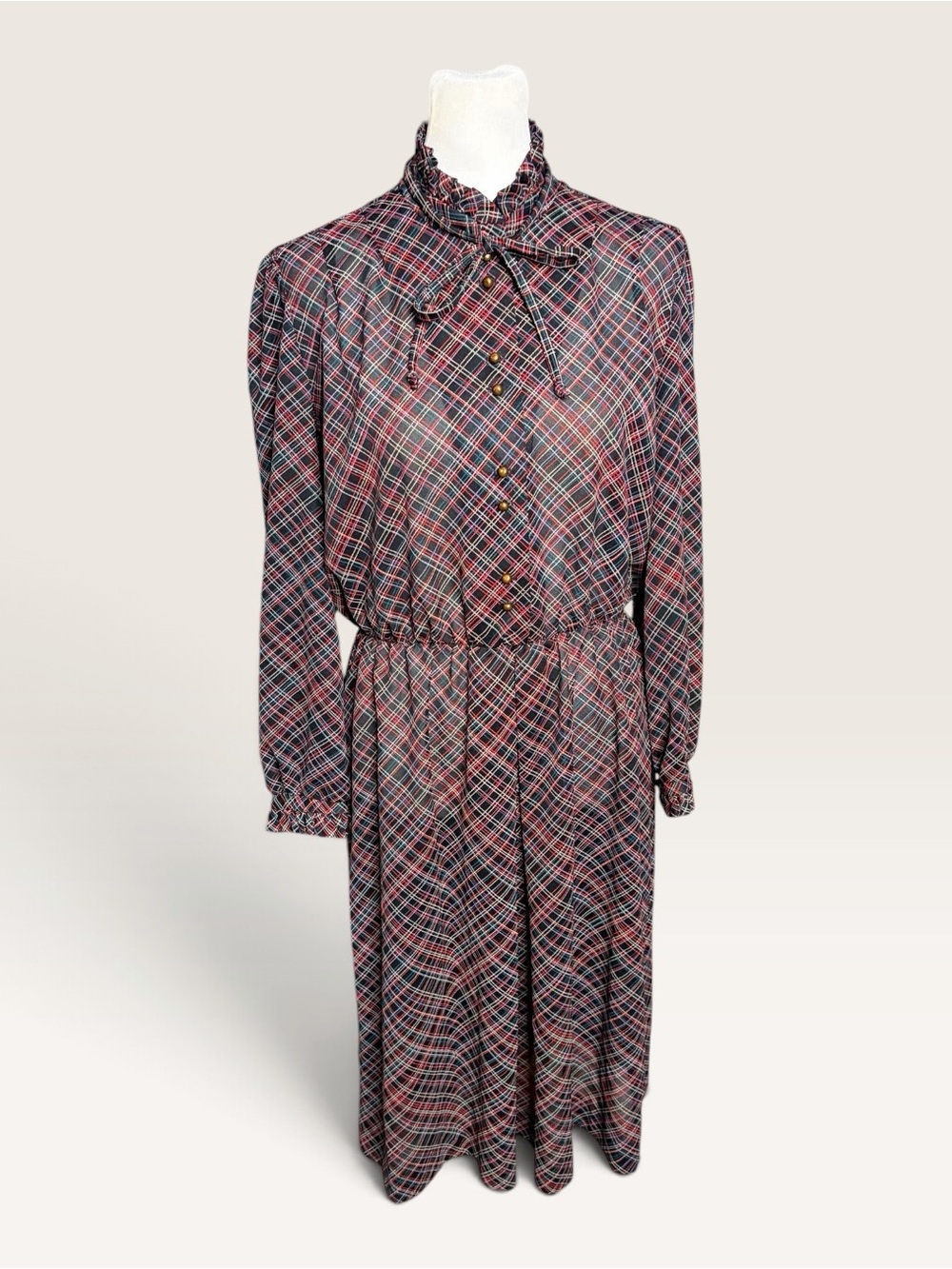 Long-Sleeve Plaid Tie-Neck Midi Dress in Burgundy and Black